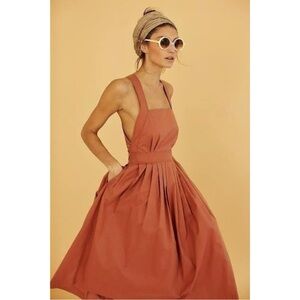 Electric Feathers Size M 100% Cotton Traveling Pinafore Midi Dress in Terracotta